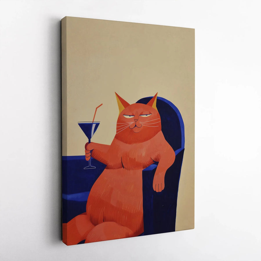 Funny Orange Cat Canvas Print | Smug Cat Drinking Cocktail Wall Art | Premium Gallery Wrapped Decor | Whimsical Gift For Cat Lovers