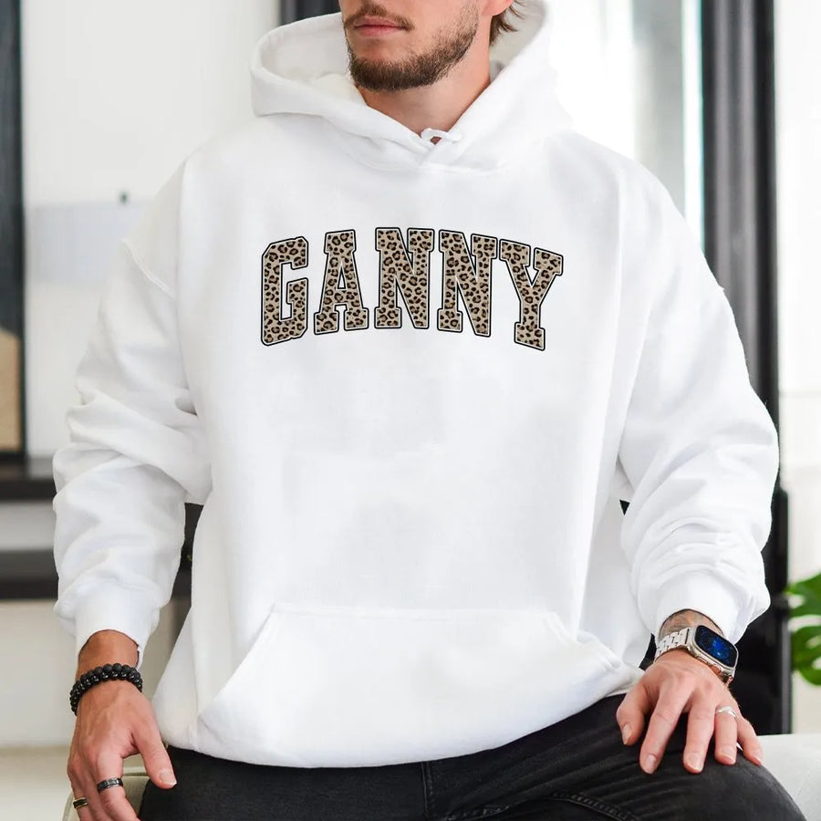 Ganny Hoodie | Leopard Print Varsity Letters | Premium Cotton Blend | Gift for Grandma, Cool Grandmother Sweatshirt