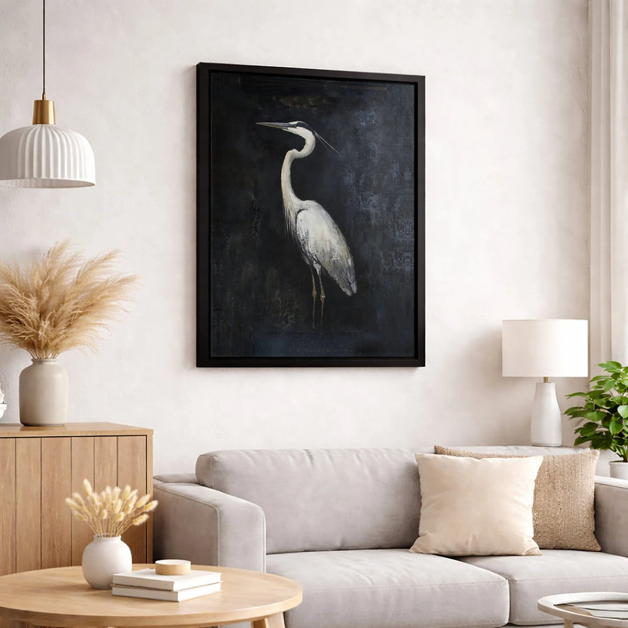 Great Blue Heron Canvas Wall Art | Moody Minimalist Bird Painting | Premium 1.25" Gallery Wrap | Modern Home Decor Gift
