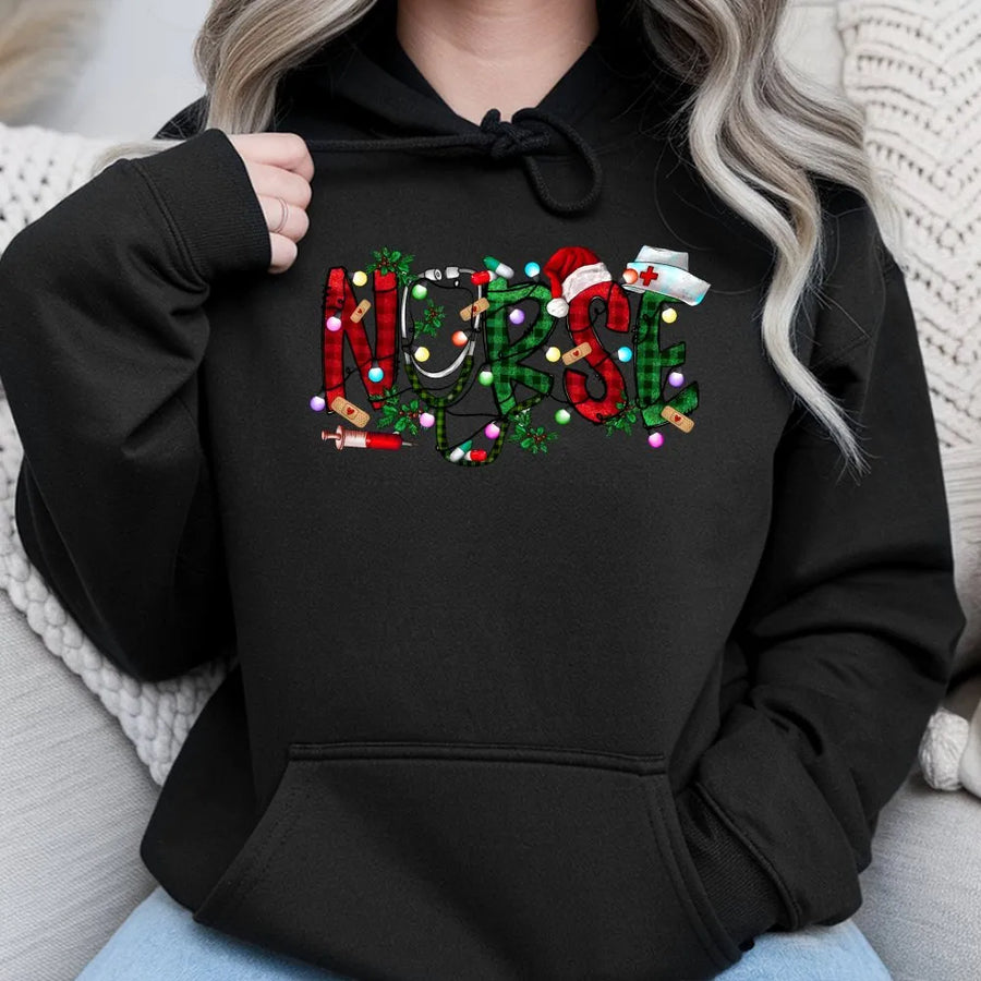 Christmas Nurse Hoodie | Plaid Festive Medical Graphic | Premium Cotton Blend | Gift for Nurses and Nursing Students