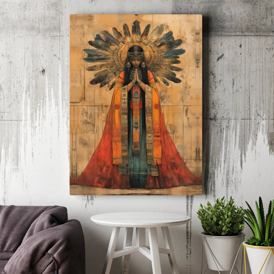 Spiritual Goddess Canvas Print | Praying Woman with Feather Headdress | Premium Textured Wall Art | Boho Home Decor Gift for Meditation Room