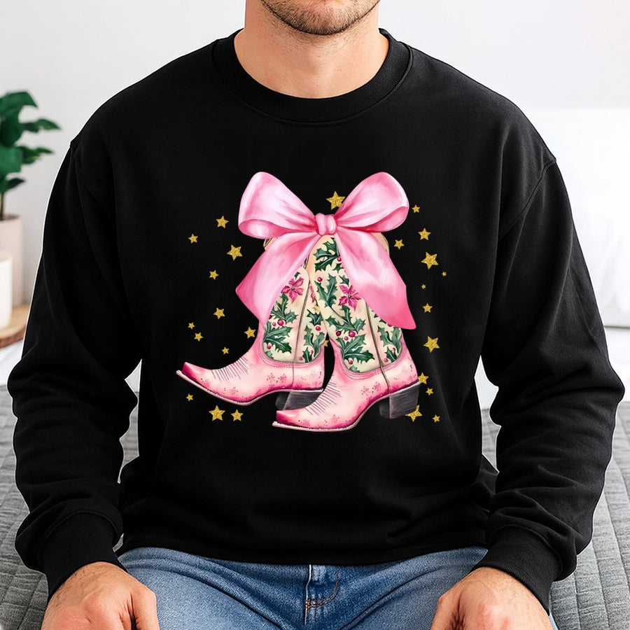 Western Christmas Boots Sweatshirt | Pink Cowgirl Holiday Bow Design | Cotton-Blend Premium Apparel | Cute Trendy Women's Gift for Her