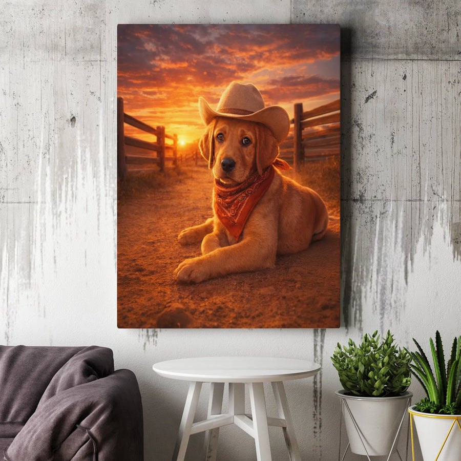 Cowboy Puppy Canvas Wall Art | Adorable Labrador in Cowboy Hat at Sunset | Premium Gallery Wrap Print | Gift for Dog Lover, Rustic Farmhouse Decor