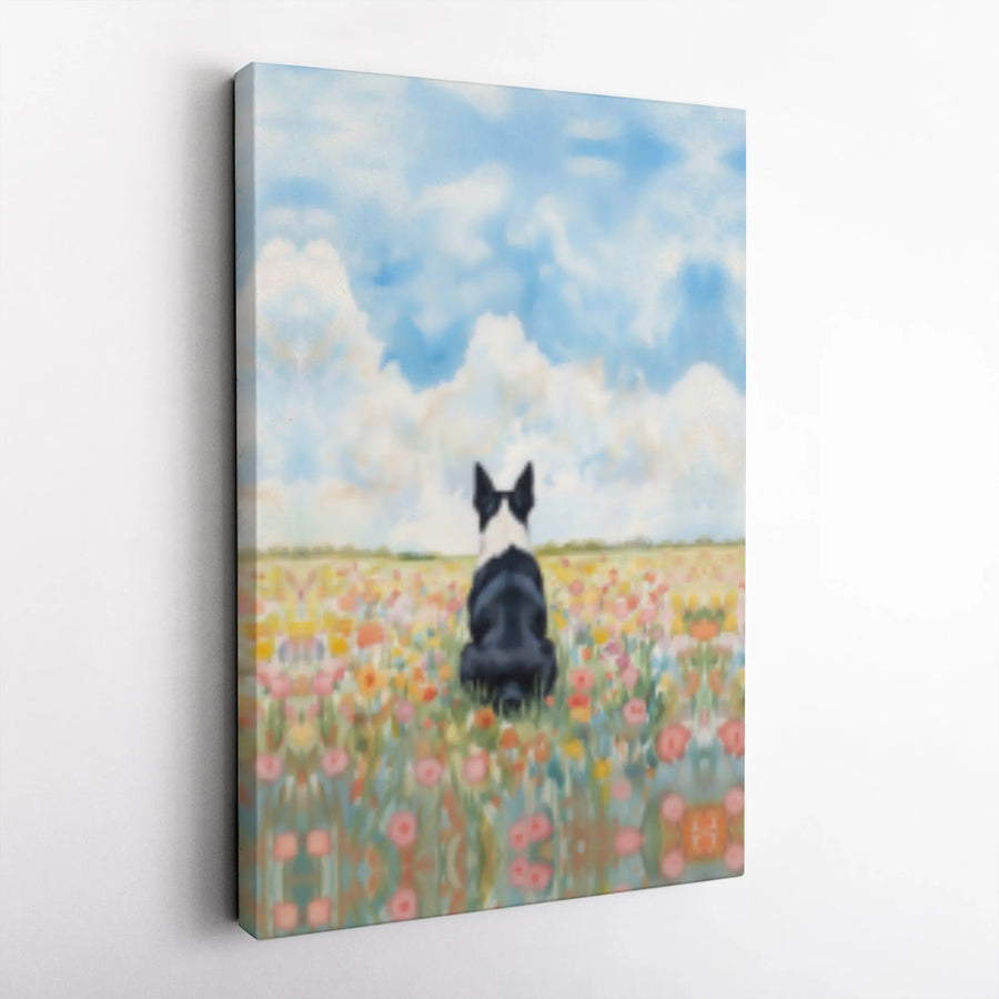 Boston Terrier Dog Canvas Wall Art | Whimsical Wildflower Meadow Print | Premium Gallery Wrap Stretched Canvas | Gift for Dog Lovers & Pet Owners