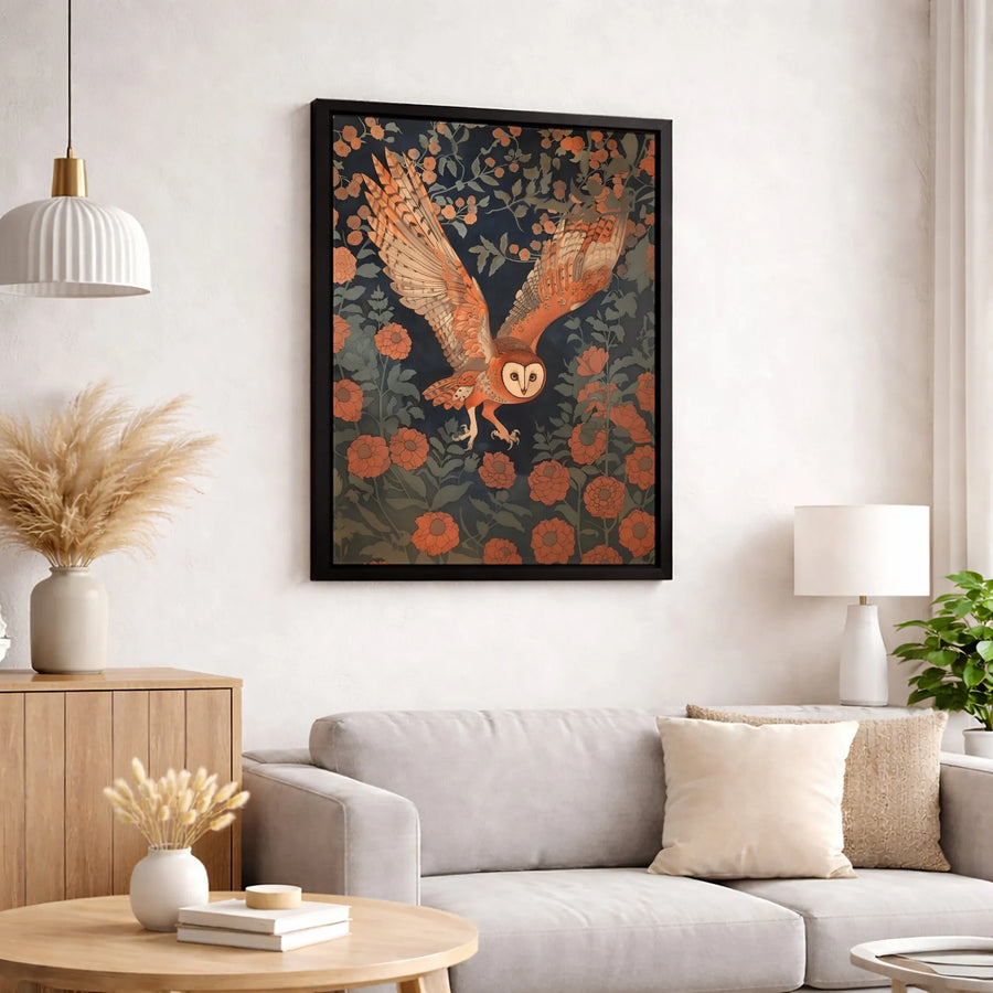 Art Nouveau Barn Owl Canvas Print | Flying Owl With Orange Flowers | Premium Gallery-Wrapped Wall Art | Nature-Inspired Home Decor Gift