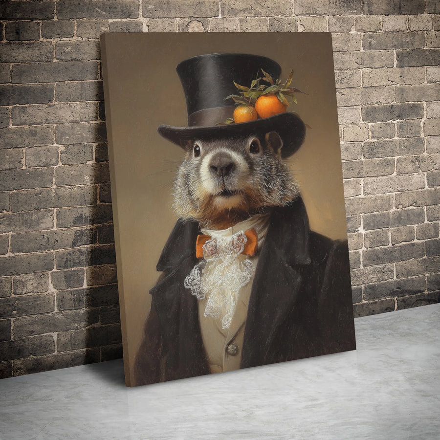 Groundhog Portrait Canvas Wall Art | Dapper Gentleman In Top Hat | Premium Gallery Wrapped Decor | Whimsical Animal Home Decor Gift For Wildlife Lovers