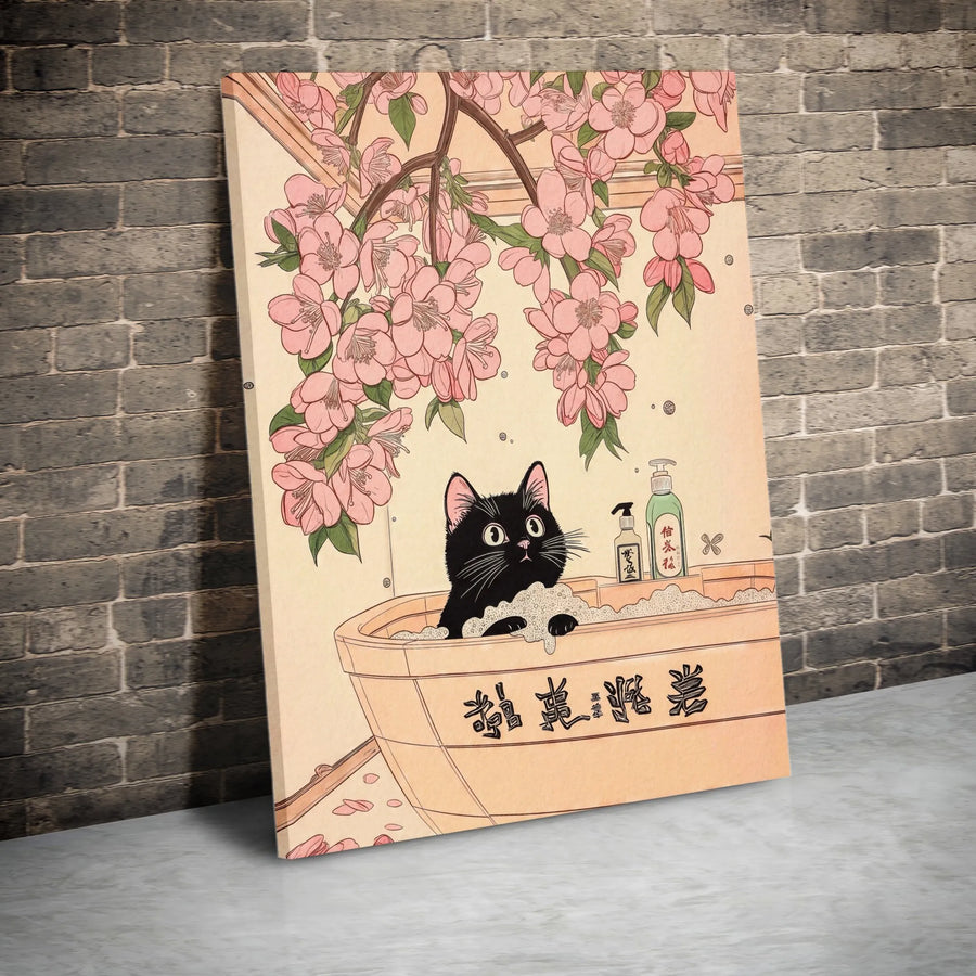 Black Cat Bathing Canvas Print | Japanese Ukiyo-E Sakura Cherry Blossom Wall Art | Premium Gallery Wrapped Decor | Unique Cat Lover Gift