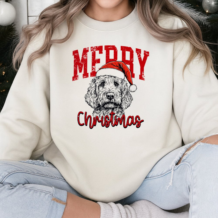 Labradoodle Merry Christmas Sweatshirt | Santa Hat Dog Holiday Design | Premium Cotton Blend Crewneck | Cute Dog Lover Gift for Men & Women