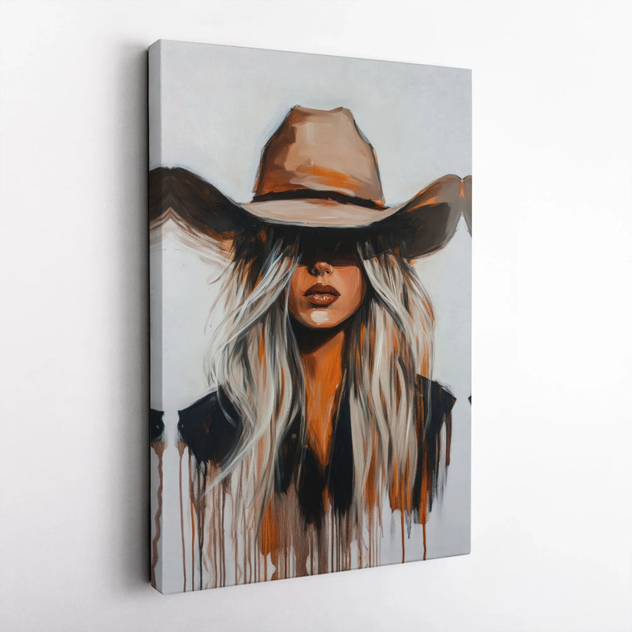 Western Cowgirl Canvas Wall Art | Abstract Blonde Woman in Cowboy Hat Print | 1.25" Gallery Wrap | Premium Farmhouse Home Decor Gift