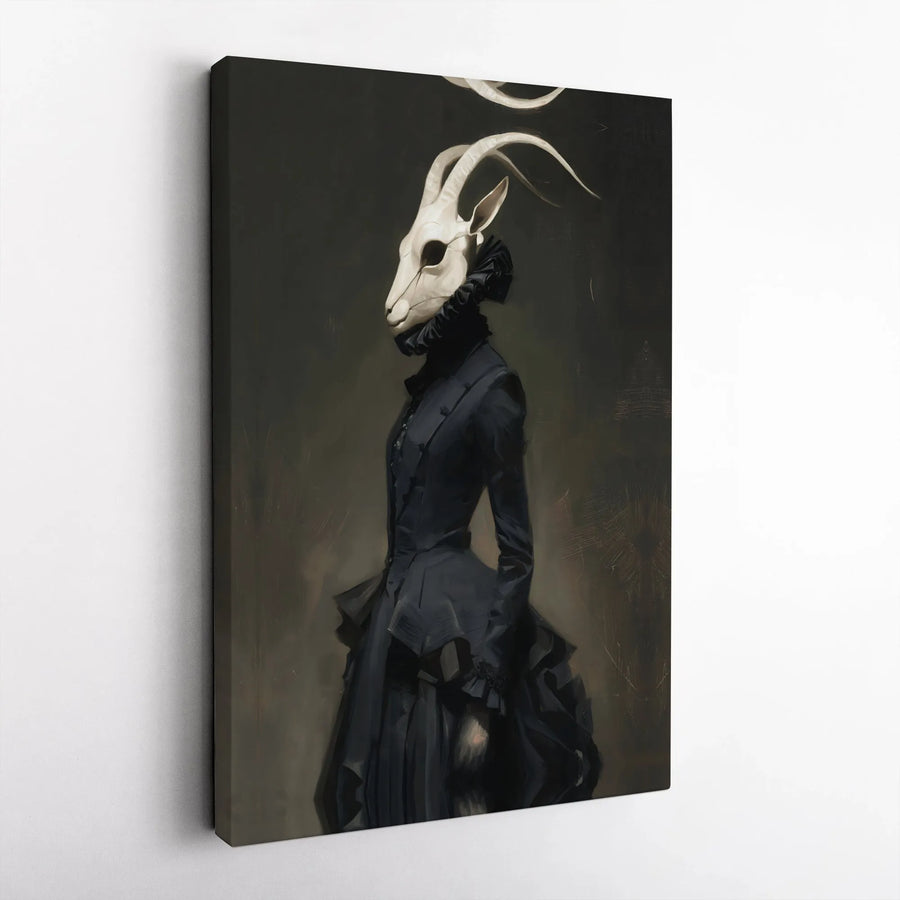 Gothic Victorian Goat Skull Portrait | Dark Surrealist Wall Art | Premium Gallery-Wrap Canvas | Spooky Home Decor Gift