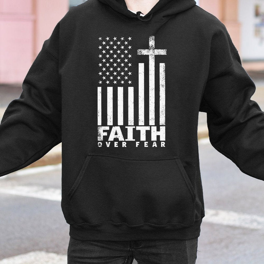 Faith Over Fear Hoodie | American Flag Cross Graphic Print | Premium Cotton-Poly Blend | Christian Gift for Men and Women