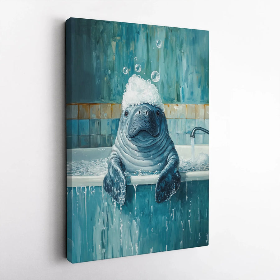 Manatee Bubble Bath Wall Art | Whimsical Sea Cow Bathroom Decor | 1.25 Inch Premium Gallery Wrapped Canvas | Unique Ocean Animal Gift for Kids & Home