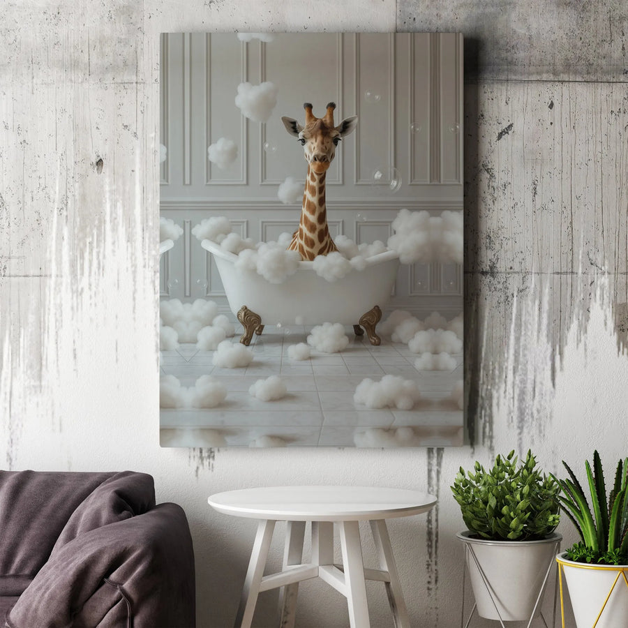 Giraffe in Bathtub Wall Art | Whimsical Animal Bathroom Decor | Premium Gallery Wrapped Canvas | Fun Nursery & Home Gift