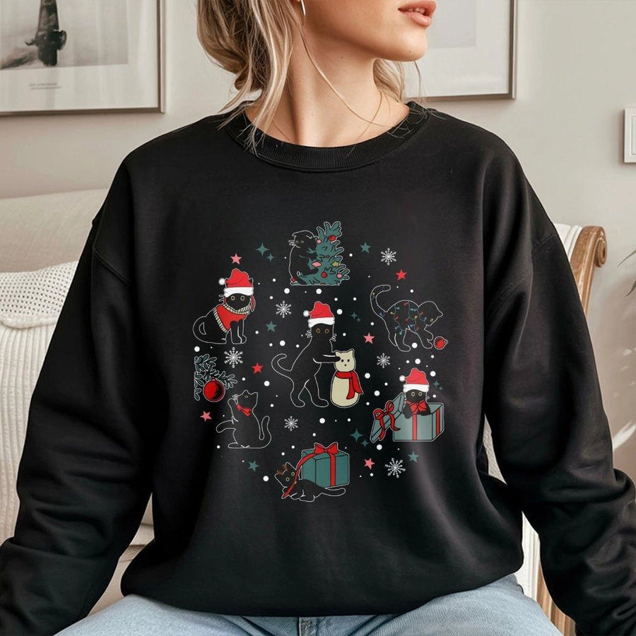 Christmas Black Cat Sweatshirt | Festive Holiday Kittens with Santa Hats | Premium Cotton Blend | Cozy Gift for Cat Lovers
