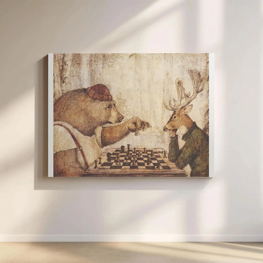 Bear and Deer Chess Game Canvas Print | Vintage Anthropomorphic Animal Art | Premium Thick Gallery Canvas | Game Room Decor Gift for Chess Player