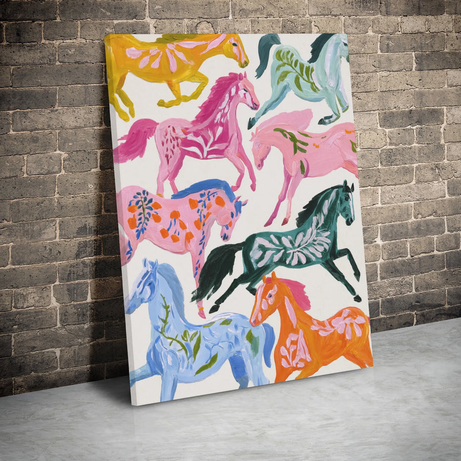 Colorful Folk Art Horse Canvas Wall Art | Whimsical Painted Horses Print | Premium Gallery Wrap Decor | Gift for Equestrian Lovers
