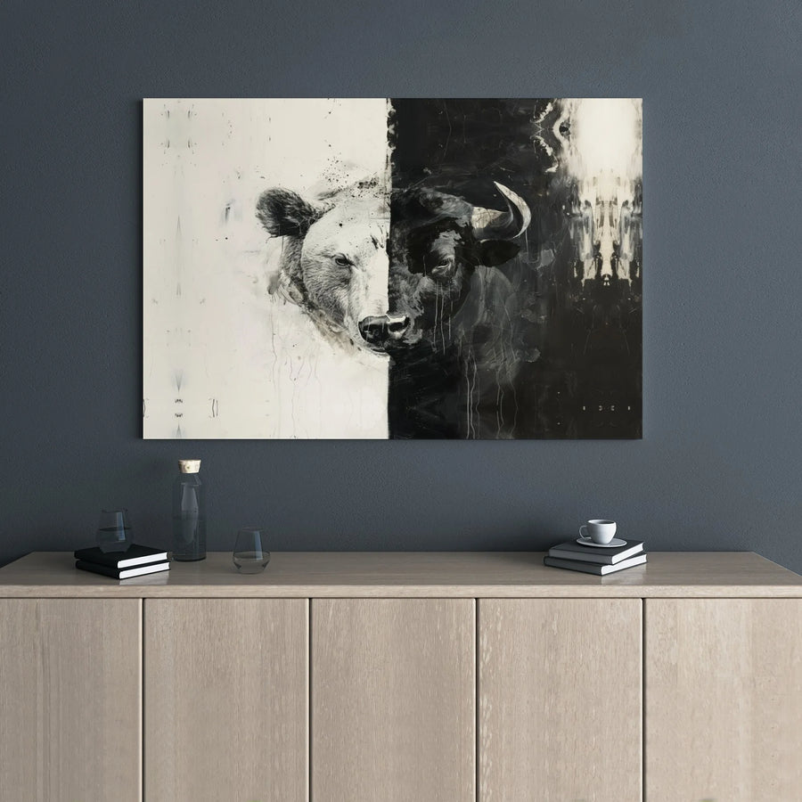 Bull vs Bear Canvas Wall Art | Financial Stock Market Split Face Design | Premium Gallery-Wrapped Print | Office Decor Gift for Investors