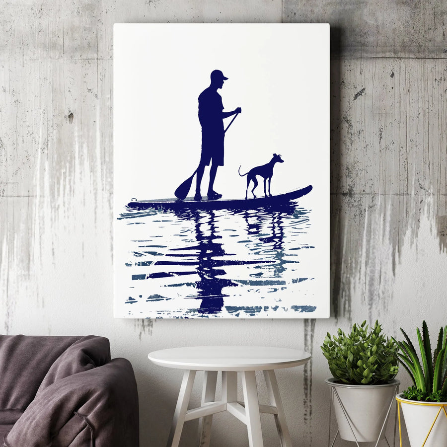 Stand Up Paddleboarding Canvas Art | Man And Greyhound Silhouette | Premium Gallery Wrap Print | Gift For Dog Lovers And Water Sports Enthusiasts