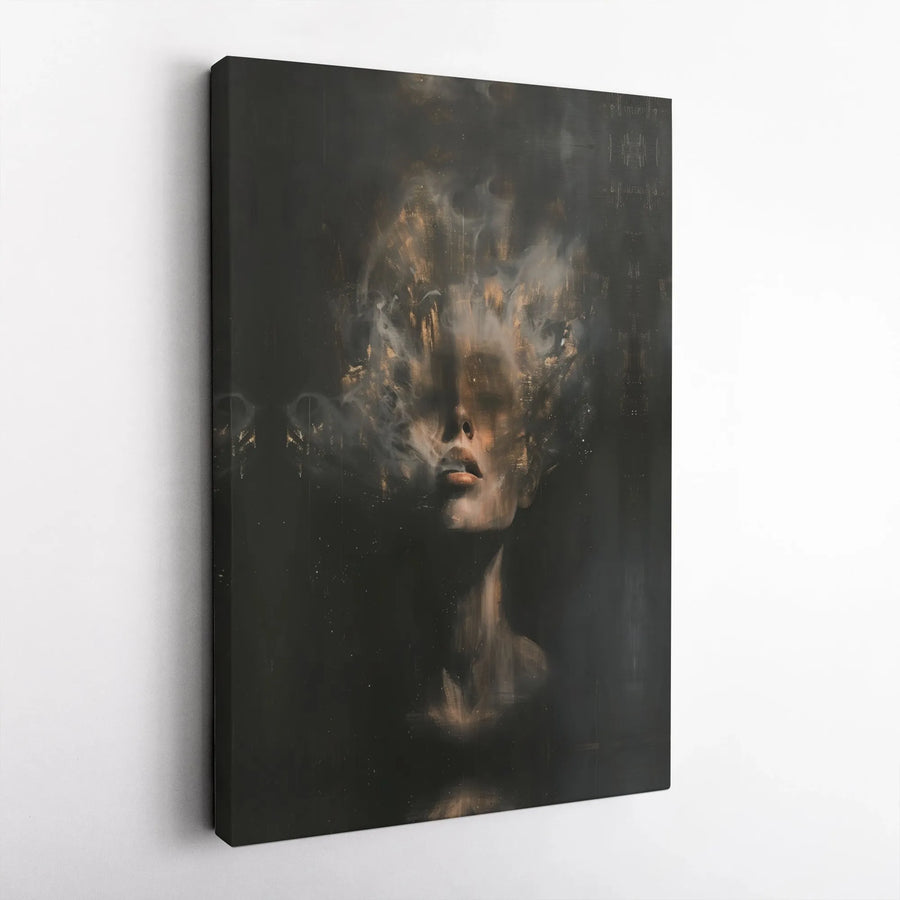 Moody Abstract Portrait Canvas | Woman with Smoky Gold Detail | Premium Fade-Resistant Print | Collector's Wall Art for Modern Living Room Decor
