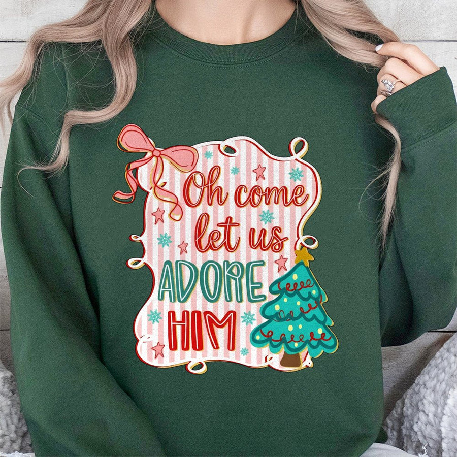 Oh Come Let Us Adore Him Sweatshirt | Preppy Coquette Christmas Tree Graphic | Premium Cotton Blend | Christian Holiday Gift for Women