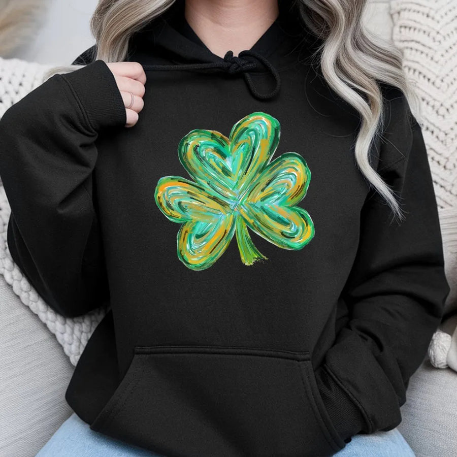 Watercolor Shamrock Hoodie | Artistic St Patricks Day Clover Design | Soft Cotton-Poly Premium Pullover | Unisex Irish Gift for Her Him
