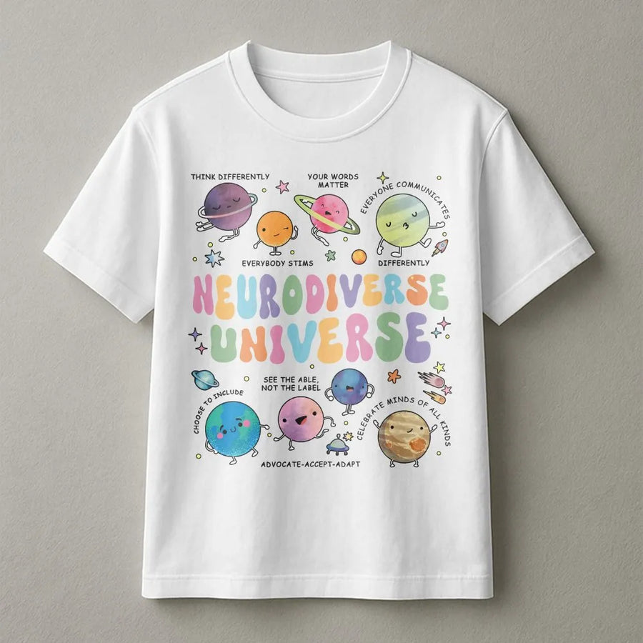 Neurodiverse Universe T-Shirt | Colorful Planets Graphic Tee | Soft Premium Cotton | Autism Awareness Gift for Sped Teacher