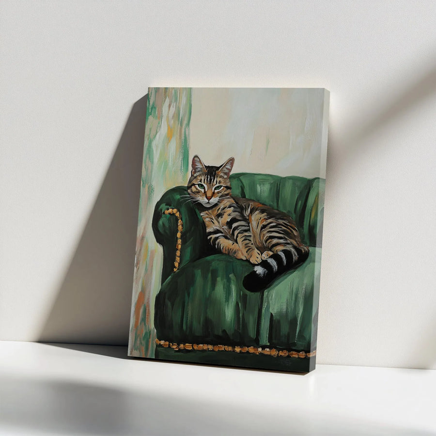 Regal Tabby Cat Vertical Canvas | Painterly Portrait on Green Chair | Premium High-Resolution Art Print | Unique Gift for Cat Lover