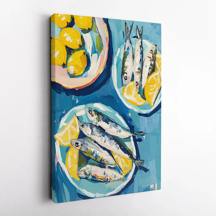 Sardines and Lemons Canvas Print | Mediterranean Still Life Art | Premium Gallery-Wrapped Fade-Resistant Decor | Coastal Kitchen Wall Art Gift