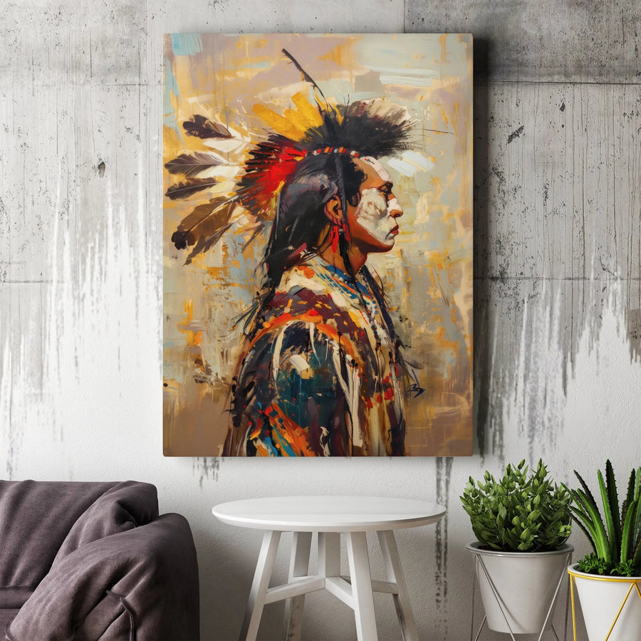 Indigenous Warrior Vertical Canvas | Abstract Portrait with Feather Headdress | Premium Gallery Wrap Wall Art | Western Home Decor Collector's Gift