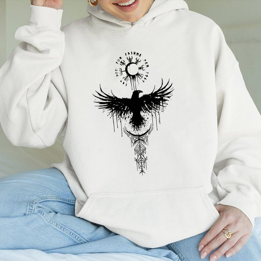 Viking Raven Hoodie | Norse Mythology Vegvisir Graphic | Premium Cotton Blend | Gift for Mythology Fans