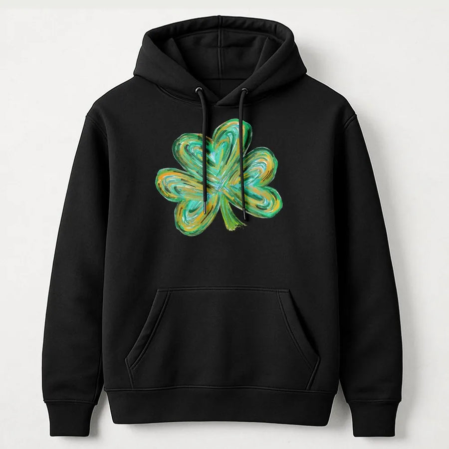 Watercolor Shamrock Hoodie | Artistic St Patricks Day Clover Design | Soft Cotton-Poly Premium Pullover | Unisex Irish Gift for Her Him