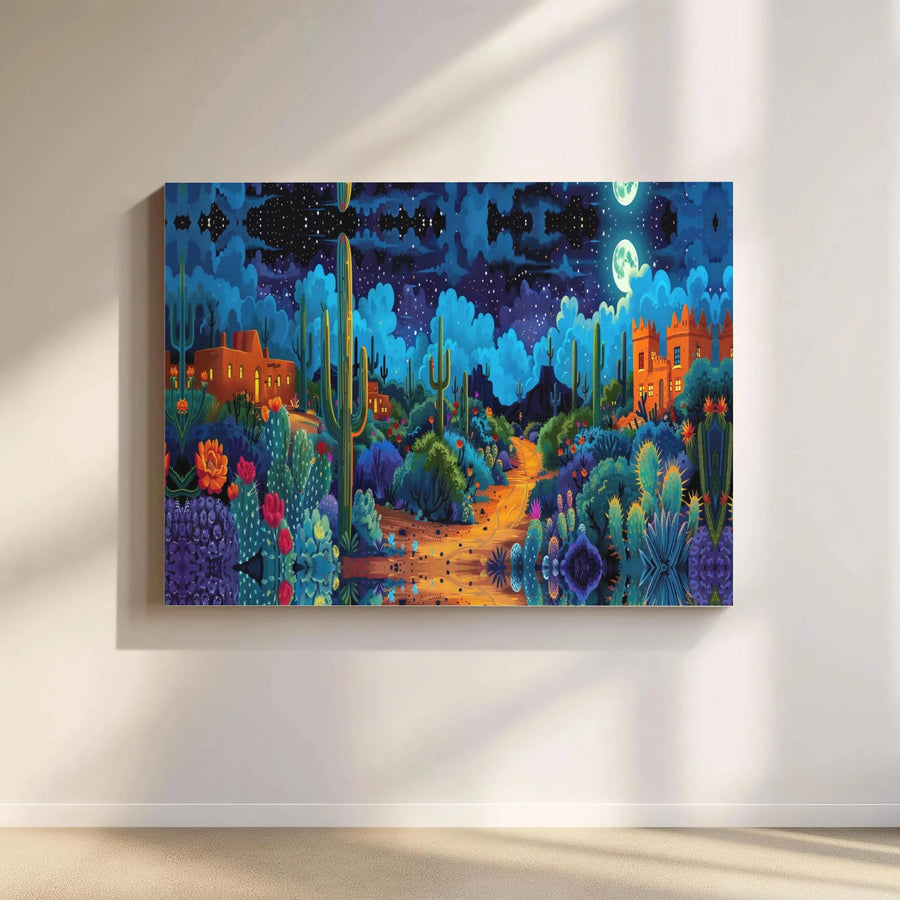 Desert Night Canvas Wall Art | Vibrant Psychedelic Cactus Landscape | Premium Gallery Wrapped Print | Southwestern Home Decor for Living Room
