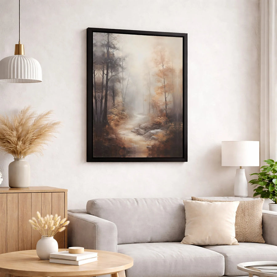 Misty Autumn Forest Canvas Art | Moody Woodland Path Landscape Print | Premium Gallery Wrap Wall Decor | Nature Lover Gift for Home Office