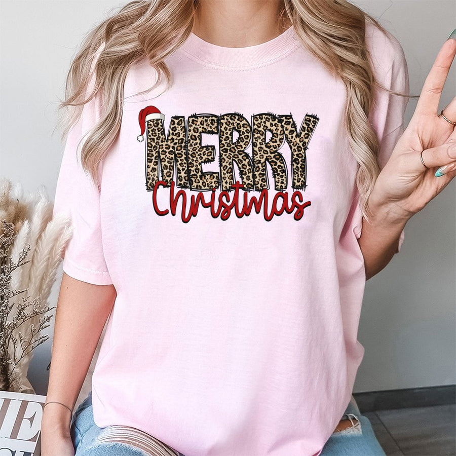 Leopard Print Merry Christmas T-Shirt | Santa Hat Holiday Graphic Tee | Premium 100% Cotton | Festive Gift for Women & Men