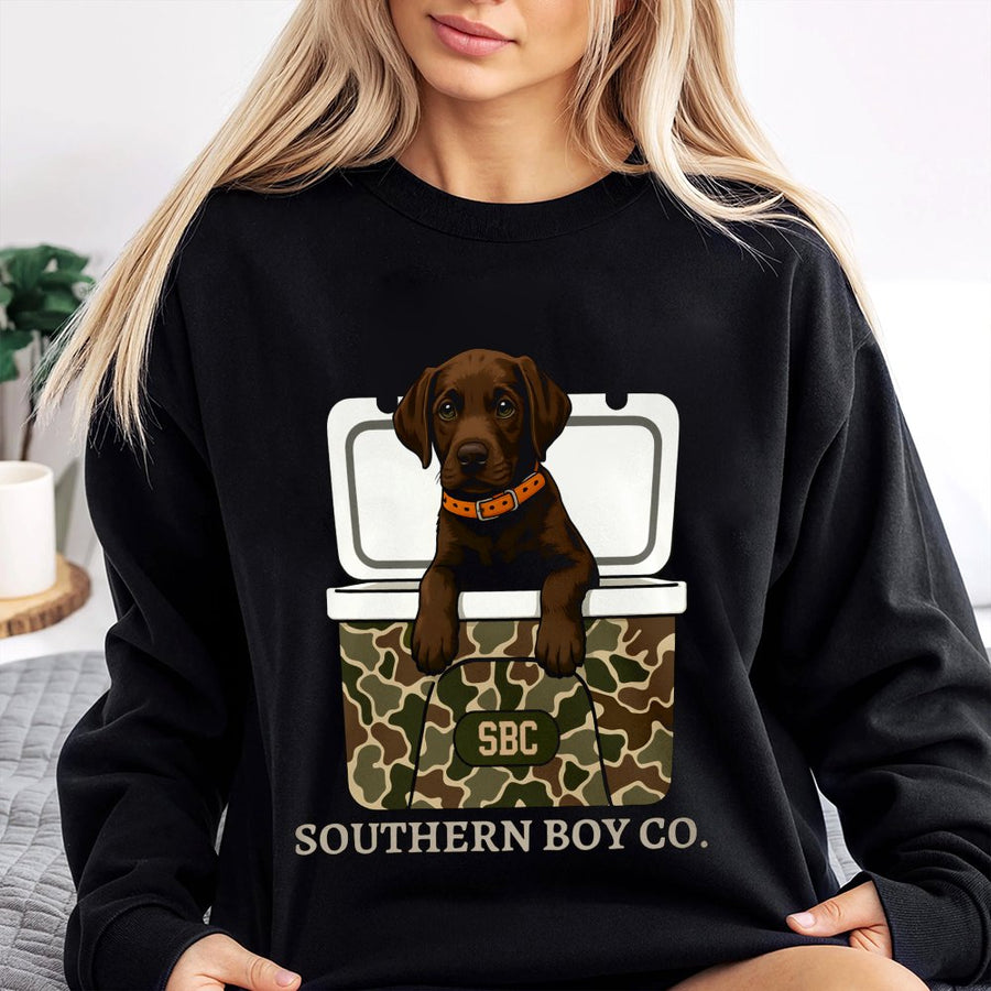 Chocolate Lab Sweatshirt | Camo Cooler Puppy Graphic | Premium Cotton Blend Crewneck | Outdoor Dog Lover Gift for Him and Her
