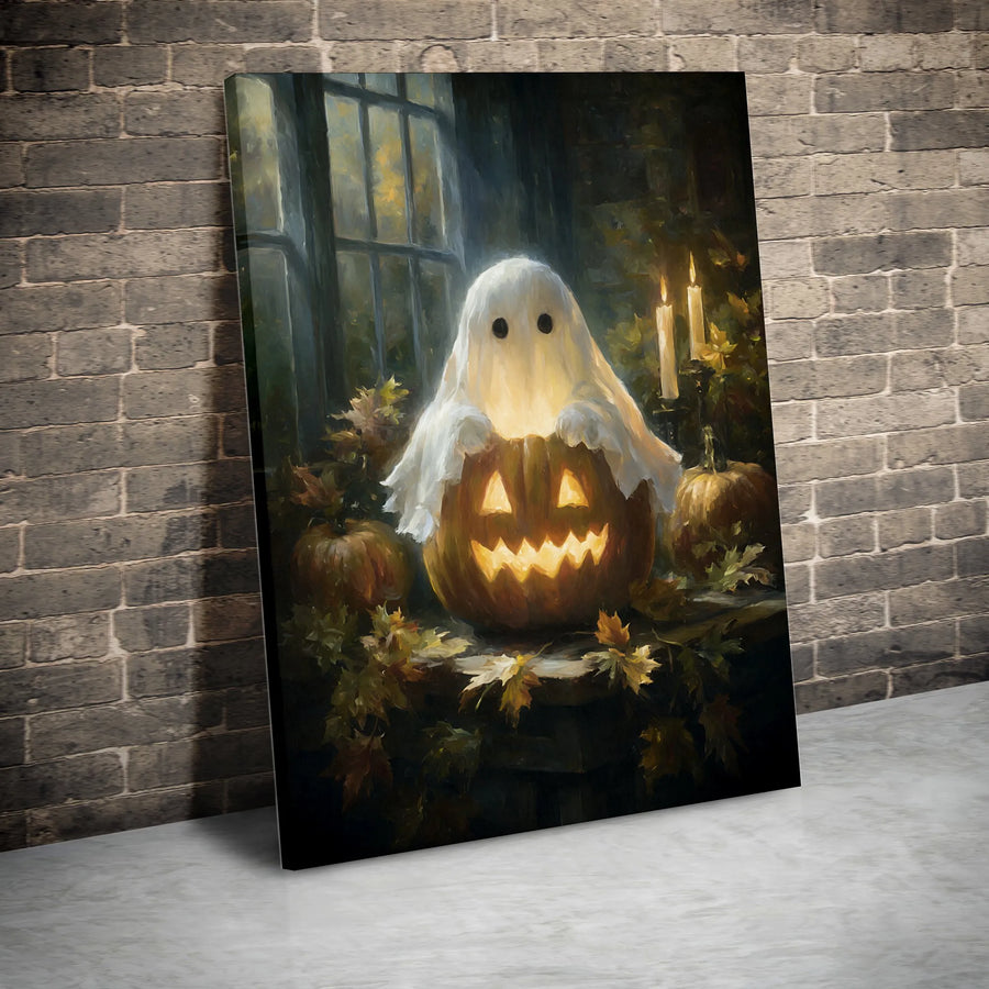 Cute Ghost in Pumpkin Canvas Wall Art | Spooky Halloween Jack-O-Lantern Decor | Premium Fade-Resistant Print | Gothic Seasonal Home Gift