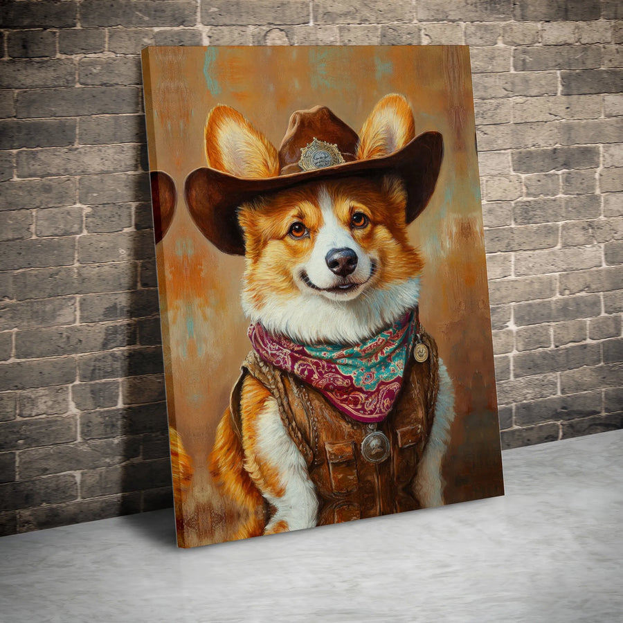Cowboy Corgi Canvas Wall Art | Western Dog Portrait Painting | Premium Gallery Wrap Print | Gift for Corgi Lover & Ranch House Decor