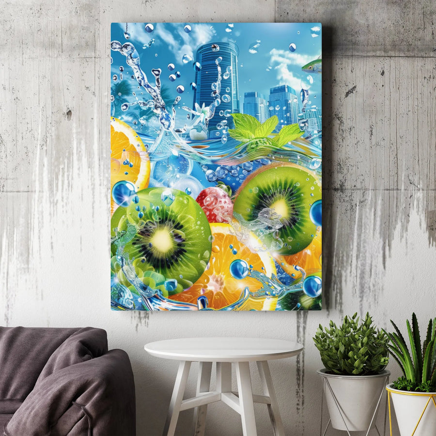 Fruit Splash Canvas Art | Vibrant Kiwi Orange Mint Water Wall Decor | 1.25-Inch Gallery Wrap Print | Modern Kitchen and Dining Room Wall Decor