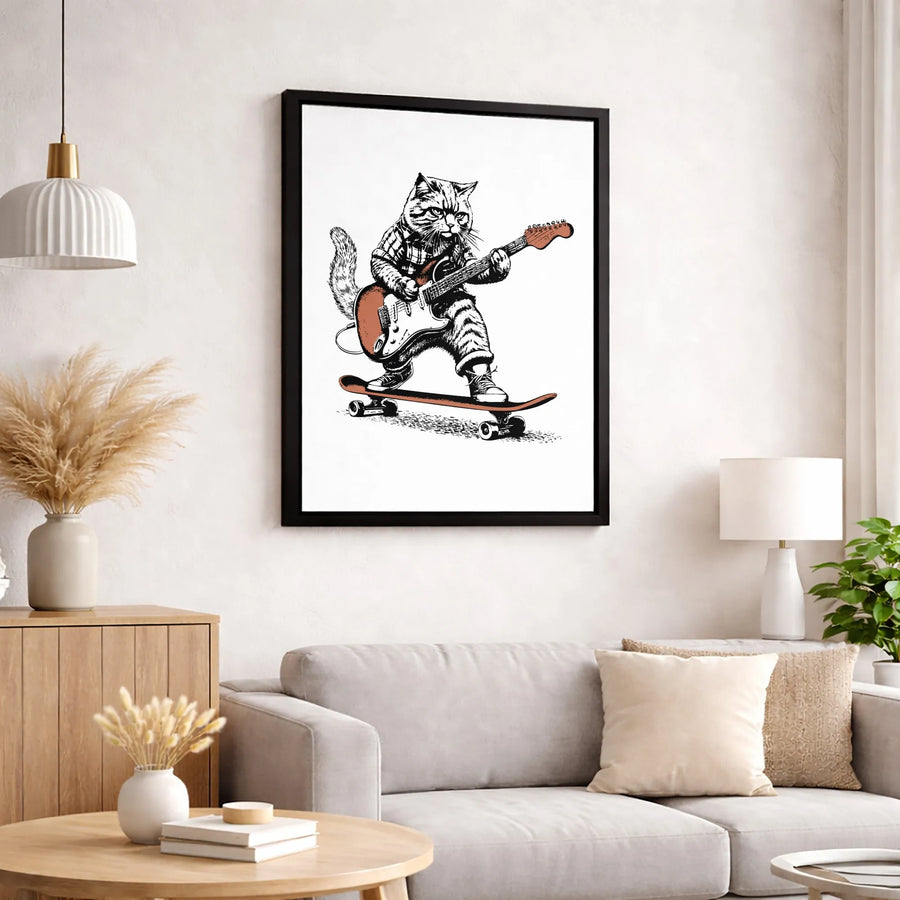 Skating Cat Playing Electric Guitar Canvas | Whimsical Music Animal Art | Premium Fade-Resistant Print | Fun Gift for Guitarists & Musicians