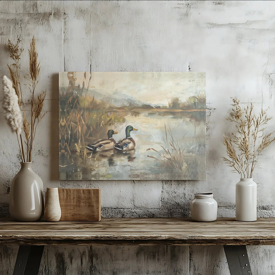 Mallard Ducks Canvas Wall Art | Vintage Impressionist Lake Painting | Premium Gallery Wrap Canvas | Rustic Cabin Decor Gift for Hunter