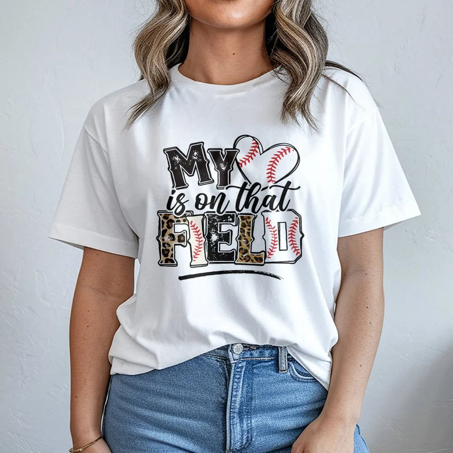 Baseball Mom T-Shirt | My Heart Is On That Field Leopard Print Graphic | Soft Cotton-Poly Blend | Mother's Day Gift for Baseball Mama