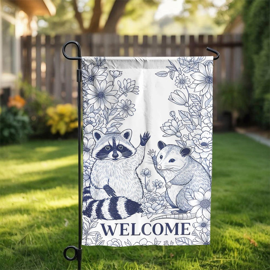 Raccoon and Possum Garden Flag | Blue and White Floral Woodland Yard Decor | Premium Weather-Resistant Polyester | Welcome Outdoor Gift for Nature Lovers