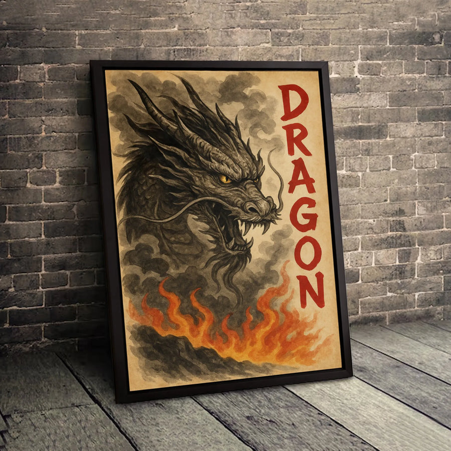 Japanese Dragon Wall Art | Sumi-E Ink Wash Style With Flames | Gallery Quality Canvas Print | Mythical Fantasy Home Decor Gift