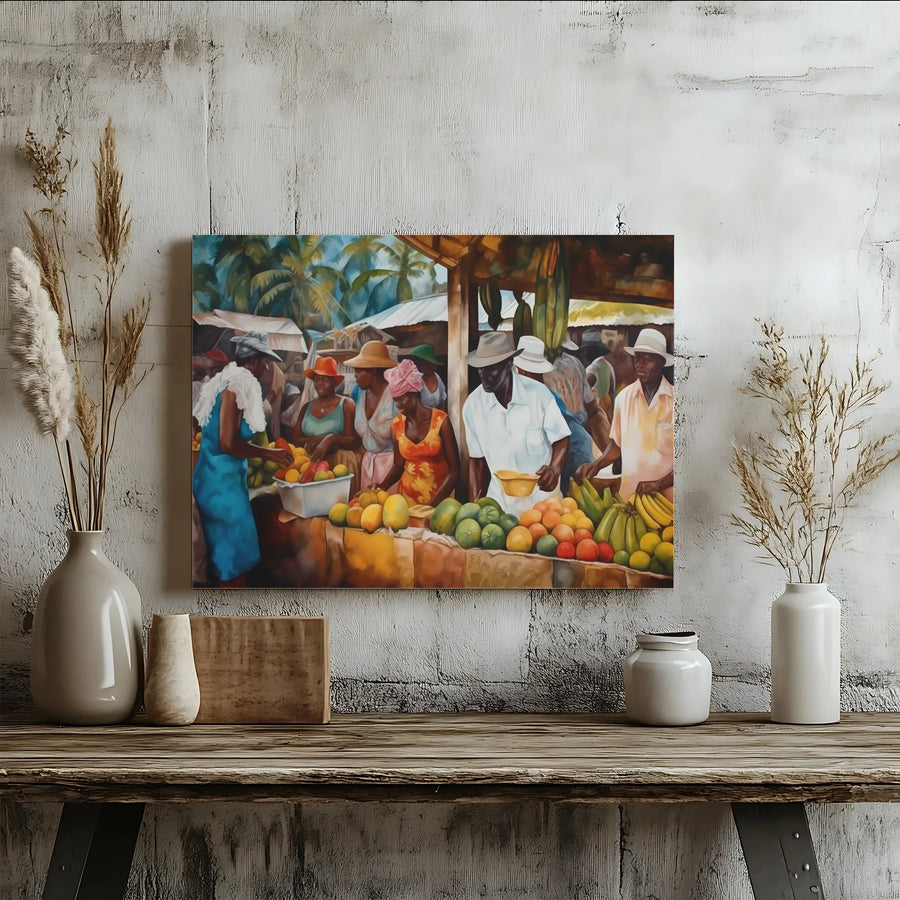 Caribbean Fruit Market Canvas Print | Vibrant Tropical Street Scene Wall Art | 1.25-Inch Gallery Wrap Frame | Premium Home Decor Gift