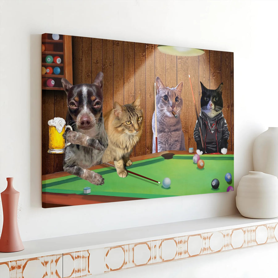 Dogs and Cats Playing Pool Canvas | Funny Billiards Room Art | Gallery Wrap Premium Print | Unique Gift for Animal Lovers