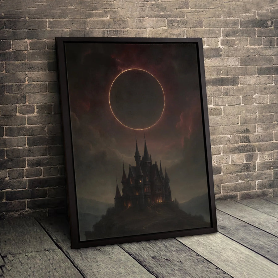 Gothic Castle Wall Art | Eerie Solar Eclipse Landscape | Premium Gallery Wrapped Canvas | Dark Academia Home Decor Gift