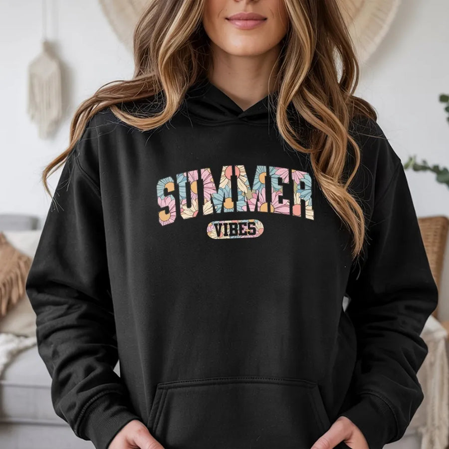 Summer Vibes Hoodie | Retro Boho Floral Graphic Pullover | Soft Cotton Blend | Cute Beach Vacation Gift for Women