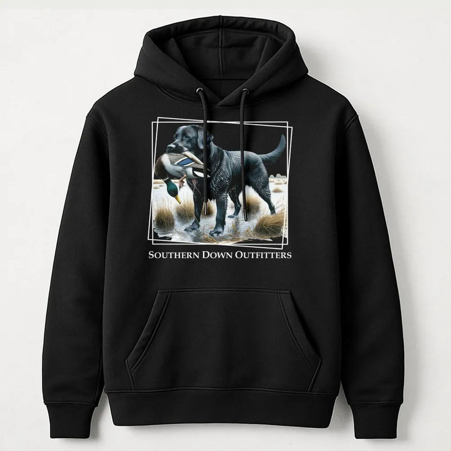 Black Labrador Duck Hunting Hoodie | Retro Retriever Waterfowl Graphic | Premium Cotton Blend | Gift for Hunters and Dog Lovers
