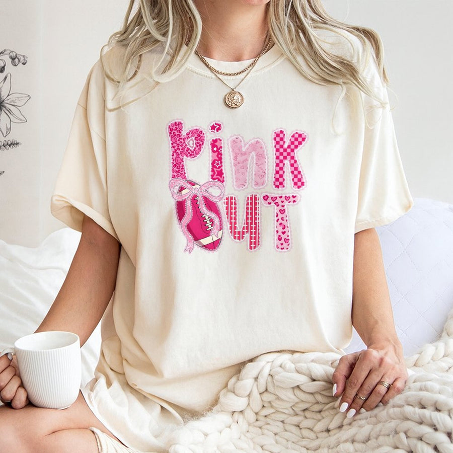 Pink Out Football T-Shirt | Coquette Aesthetic Ribbon Bow Design | Premium Soft Cotton | Preppy Game Day Apparel for Football Moms & Cheer Fans