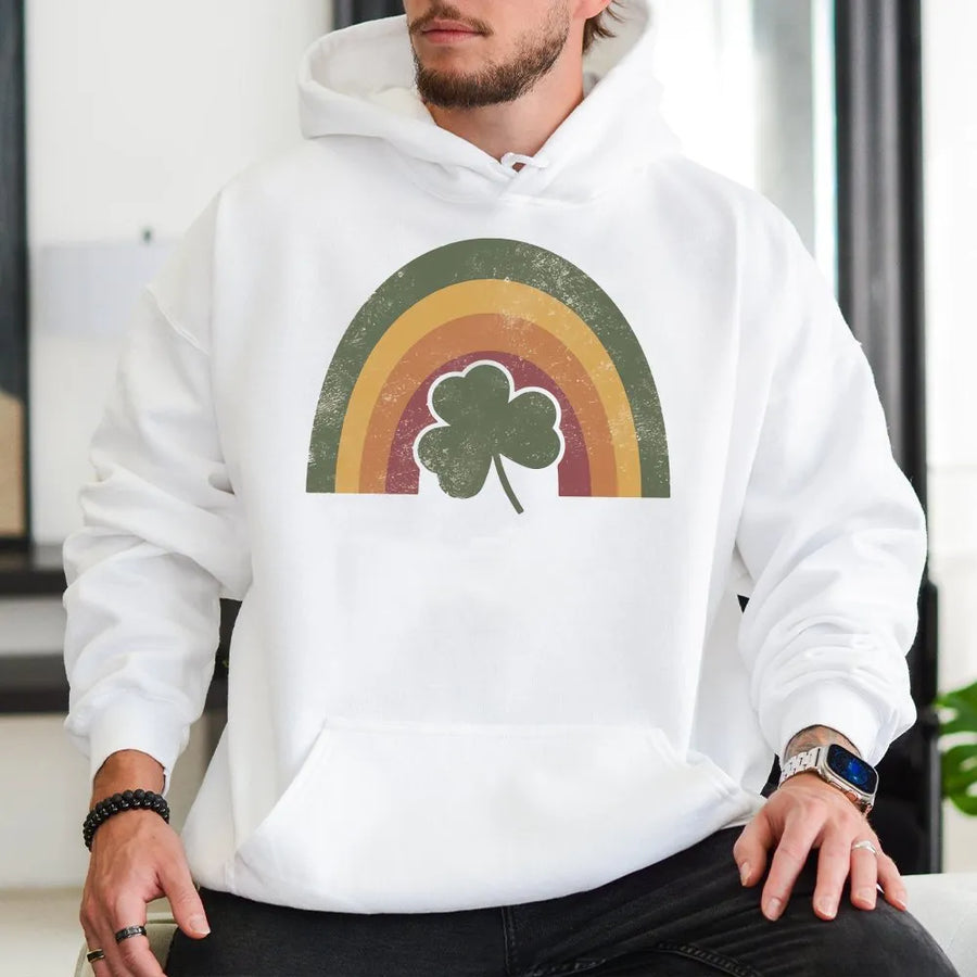 St. Patrick’s Day Shamrock Hoodie | Retro Rainbow Aesthetic Graphic | Premium Cotton-Blend Pullover | Lucky Irish Gift for Her